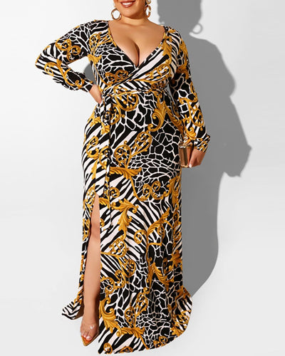 Plus Size Surplice Neck Tropical Print High Slit Maxi Dress - Love Beyond, LLC